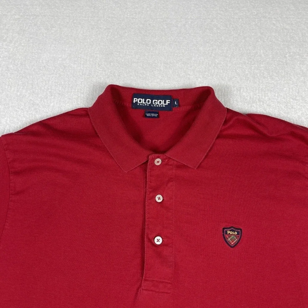 Polo Ralph Lauren Shirt Mens Large Red Vintage‎ Golf Tartan Crest Preppy Golfer